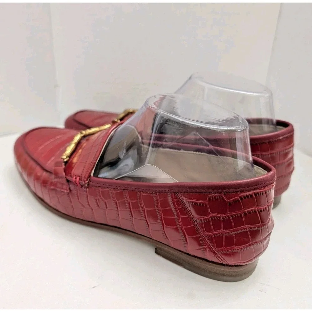 J. Mclaughlin Dillon Red Croc Skin Print Leather Loafers Sz 8M Bamboo Metal Gold